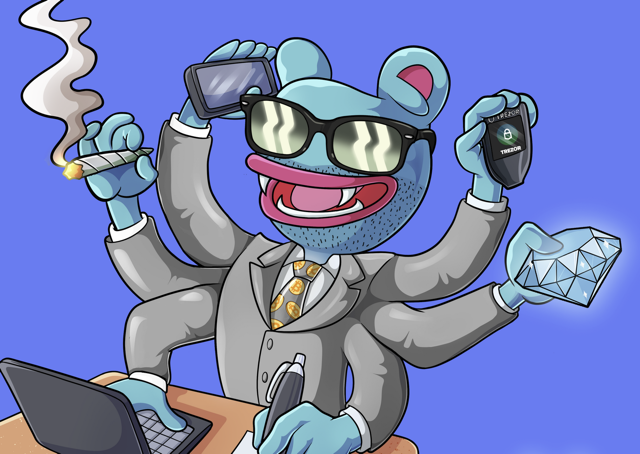 WallStBrett mascot: a six-armed suited crypto trader smoking, on the phone, holding a Trezor wallet and a diamond, typing at a laptop.